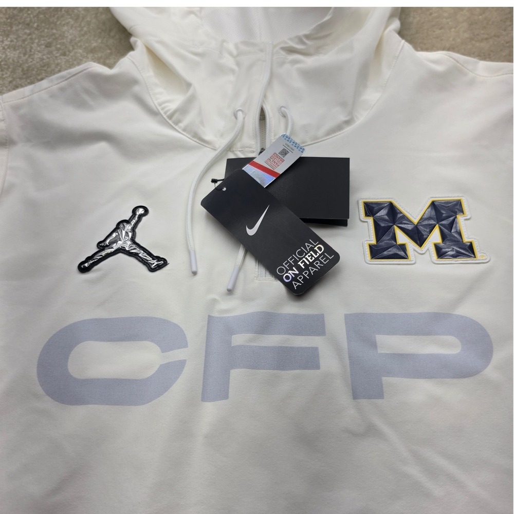 Jordan Michigan Wolverines CFP White On-Field Quarter Zip Hoodie Mens L NWT